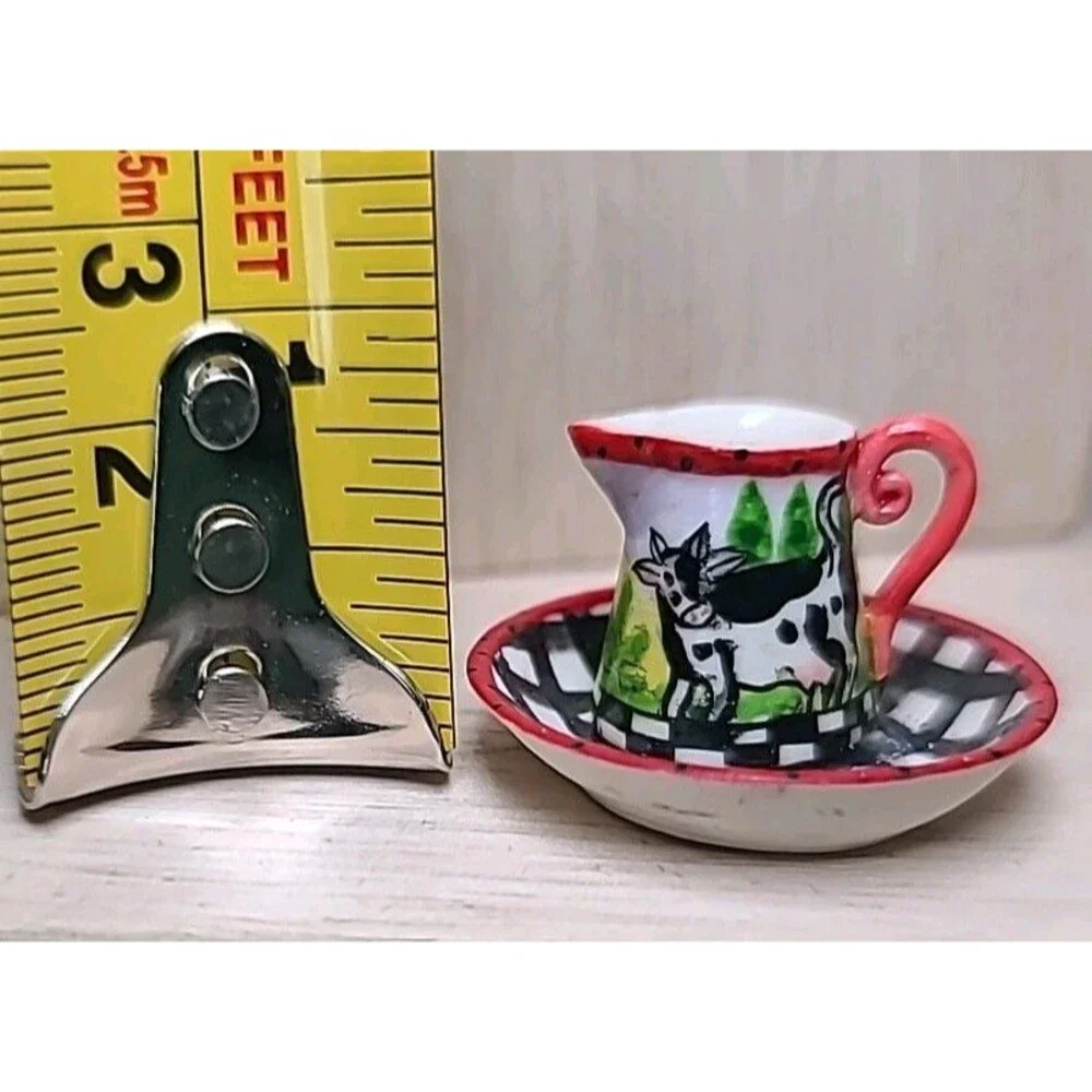 Vintage Miniature Cow Pitcher & Bowl Farmhouse Black White Checkered